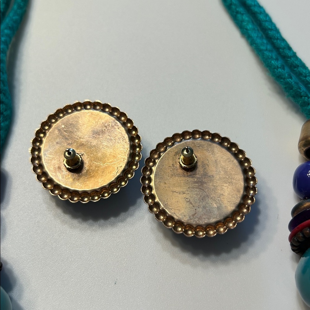 Glazed Ceramic Beads on Knotted Cord Necklace and Matching Earrings Vintage - Picture 4 of 4